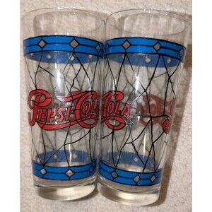 2 Vintage Pepsi-Cola Drinking Glass. Tumbler. Stained/Leaded Glass Look